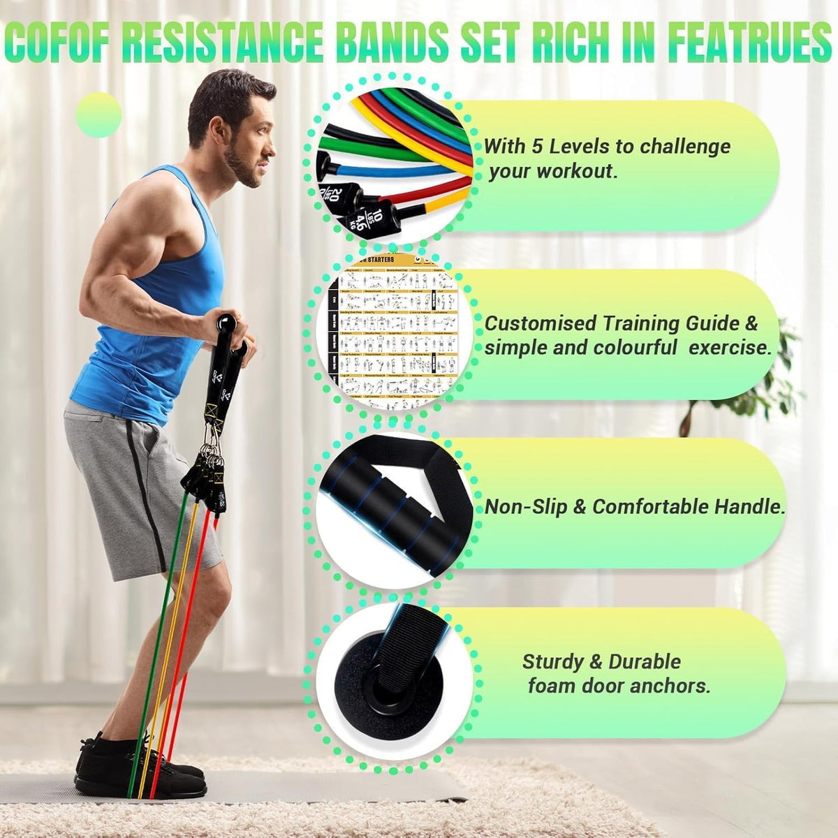 Resistance Bands with Handles for Women, 5 Level Exercise Bands