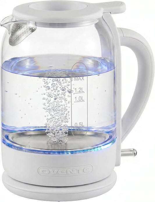 OVENTE 1.5L Glass Electric Kettle Water Boiler, White KG516W