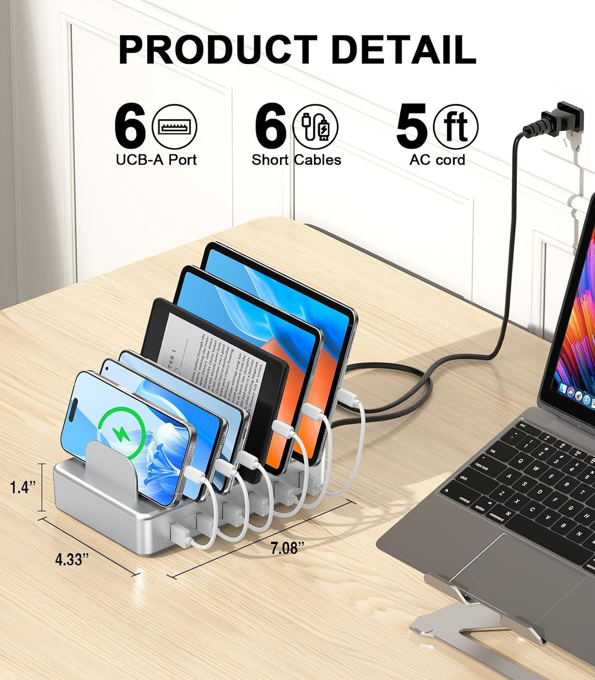 50W 6 Ports Multi Charger Station, USB Charging Dock for Multiple Devices