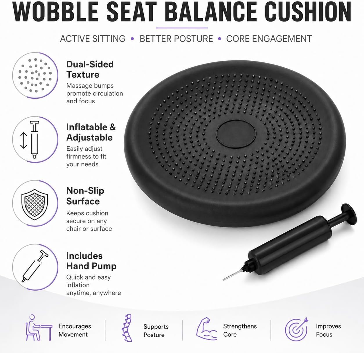 Hanstuten Wobble Seat Cushion & Core Balance Disc - Rubber Wiggle Seat for Active Sitting, Office Desk Chair, and Core Strength Training