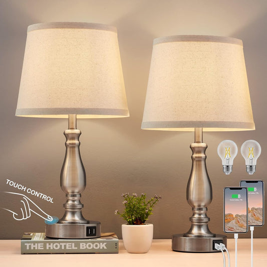 EJIAXIN Lamps for Bedrooms Set of 2, Brushed Nickel Bedside Lamps with USB C+A Ports,Dimmable Nightstand Lamps with Fabric Lampshade, Touch Table Lamp for Living Room Bedroom Office, Bulbs Included