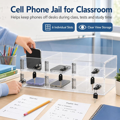 YOUNTHYE 6 Slot Cell Phone Locker, Clear Acrylic Phone Lock Box with Individual Keys, Wall Mounted Phone Storage Cabinet for Classroom, Office, Employees, Meetings and Small Teams