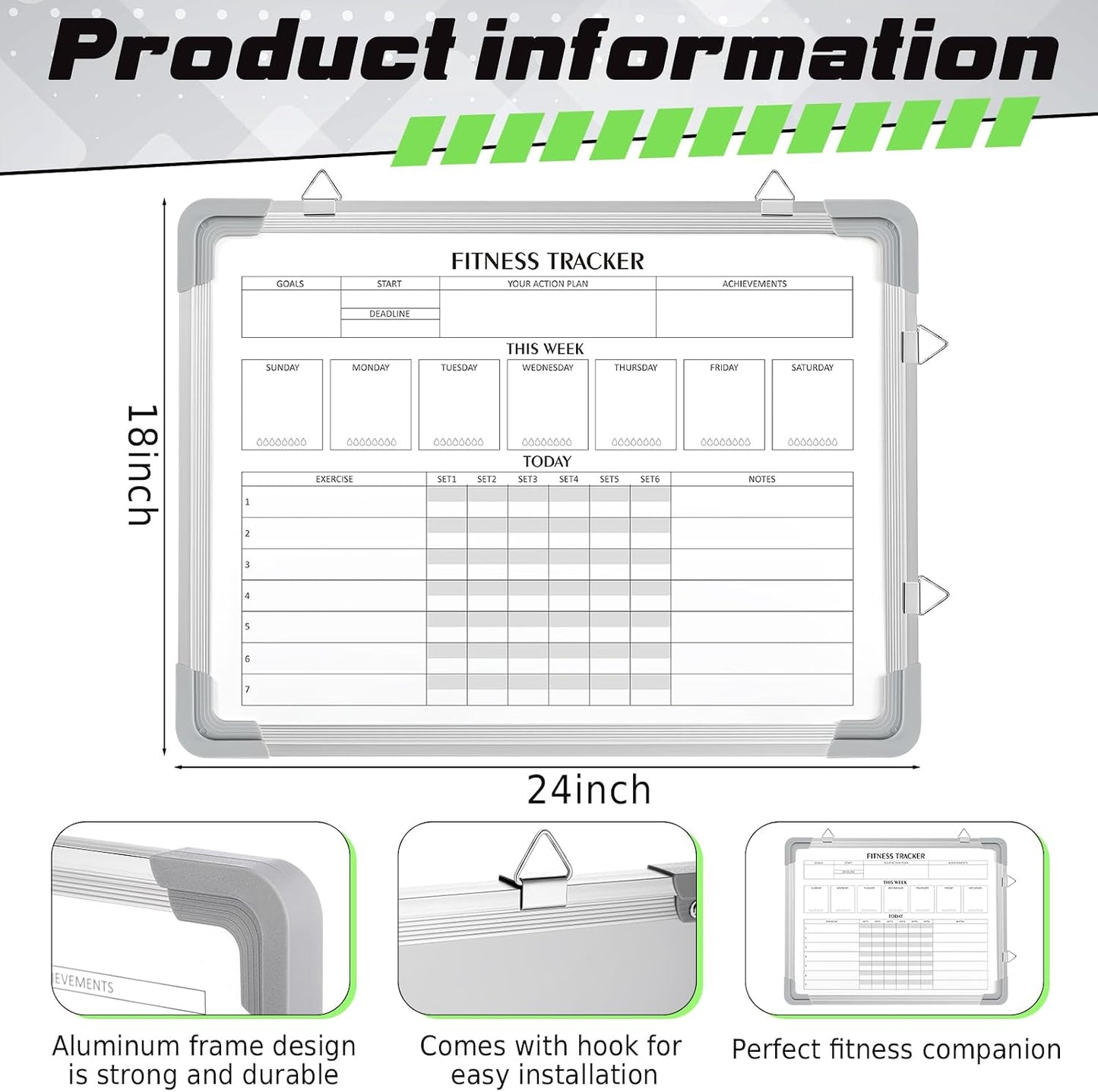 Lincia 16 x 12 Inch Fitness Tracker Whiteboard Workout Calendar for Home Gym Dry Erase Planner Hanging Removable to Do List for Wall Whiteboard with Aluminum Frame for Gym Program(Style A)