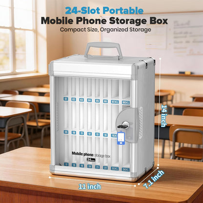24 Slots Cell Phone Locker, Classroom Phone Storage Cabinet with Key, 【Wall Mounted】 【Aluminum Alloy】 Phone Lock Box, Mobile Phone Lockbox with Handle for School Office Exam(Silver)