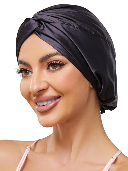 Adjustable Silk Satin Bonnet for Sleeping Hair Wrap, Double Layer Sleep Cap, Night Turban for Large Long Curly Braid Women Men Hair - Matcha Green