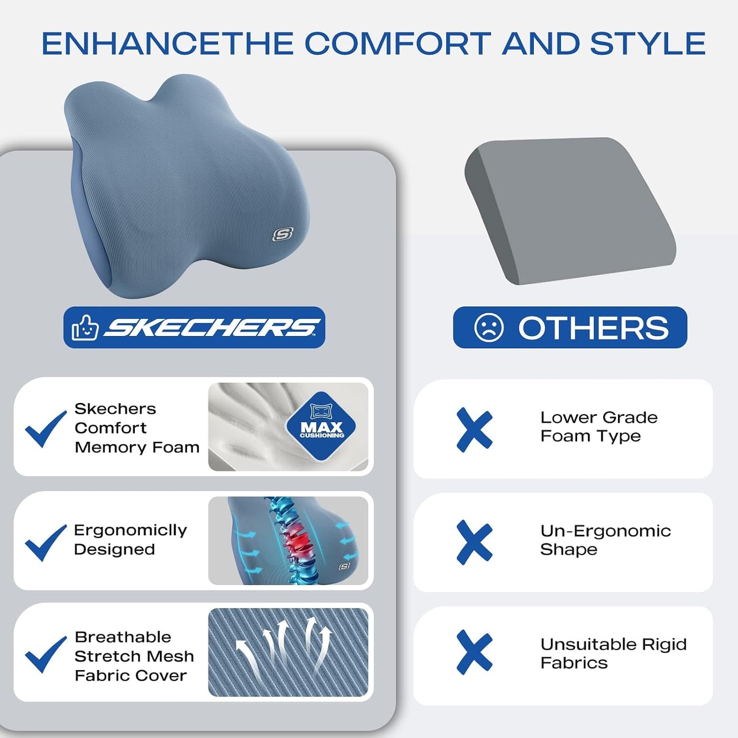 Skechers Memory Foam Lumbar Pillow,Lumbar Support Pillow for Office, Chair Lower Back Pain Relief Lumbar Pillow, Ergonomic Design Back Support Pillow for Office Chair, Car, Home, Travel,Black