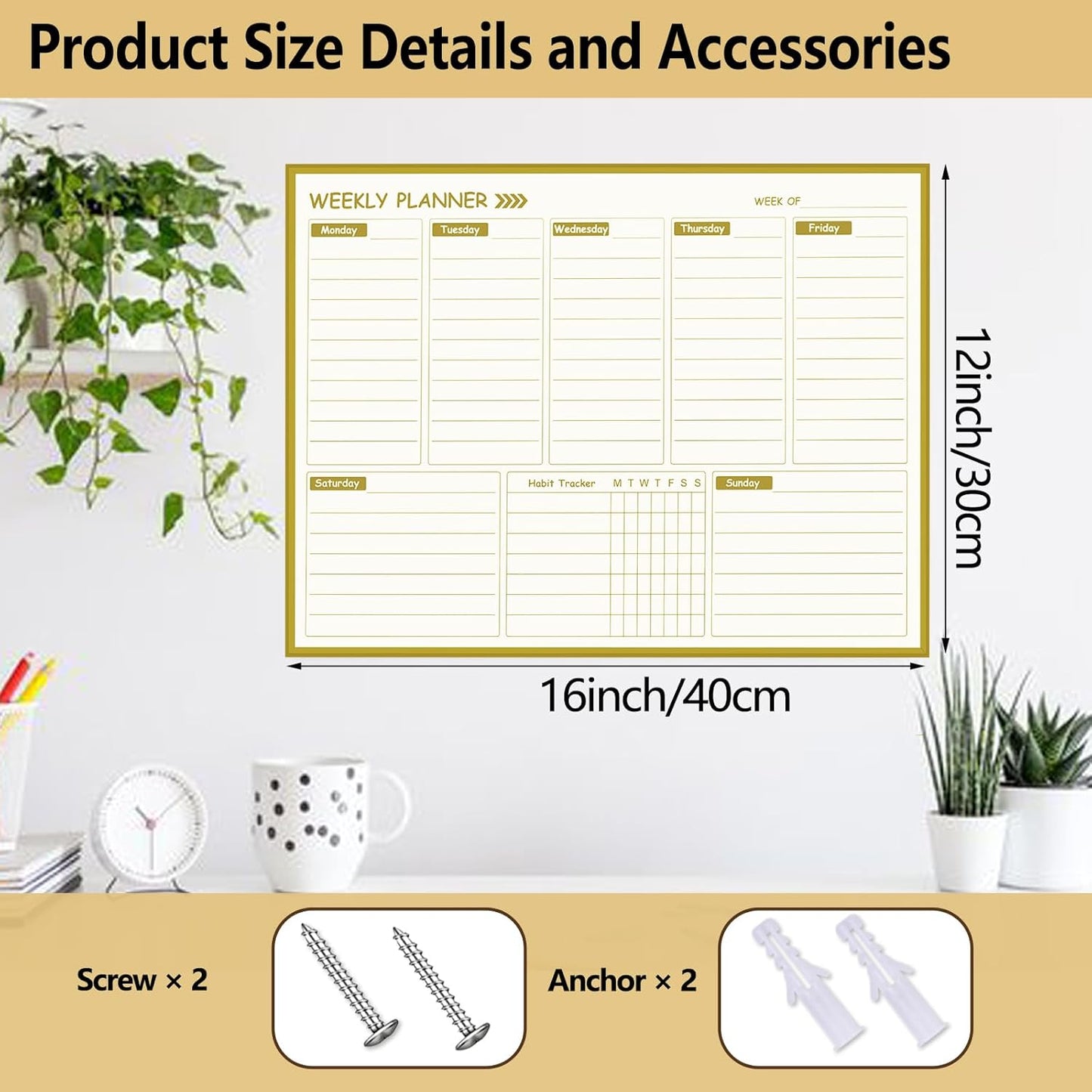 Gold Weekly Dry Erase Board for Wall,12"x16",Gold Metal Frame Weekly Planner Whiteboard for to Do List, Memo, School, Home, Office, Kitchen-GZ