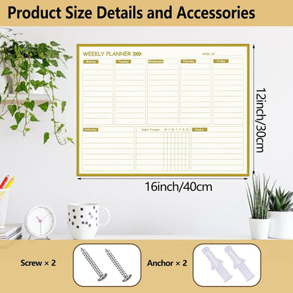 Gold Weekly Dry Erase Board for Wall,12"x16",Gold Metal Frame Weekly Planner Whiteboard for to Do List, Memo, School, Home, Office, Kitchen-GZ