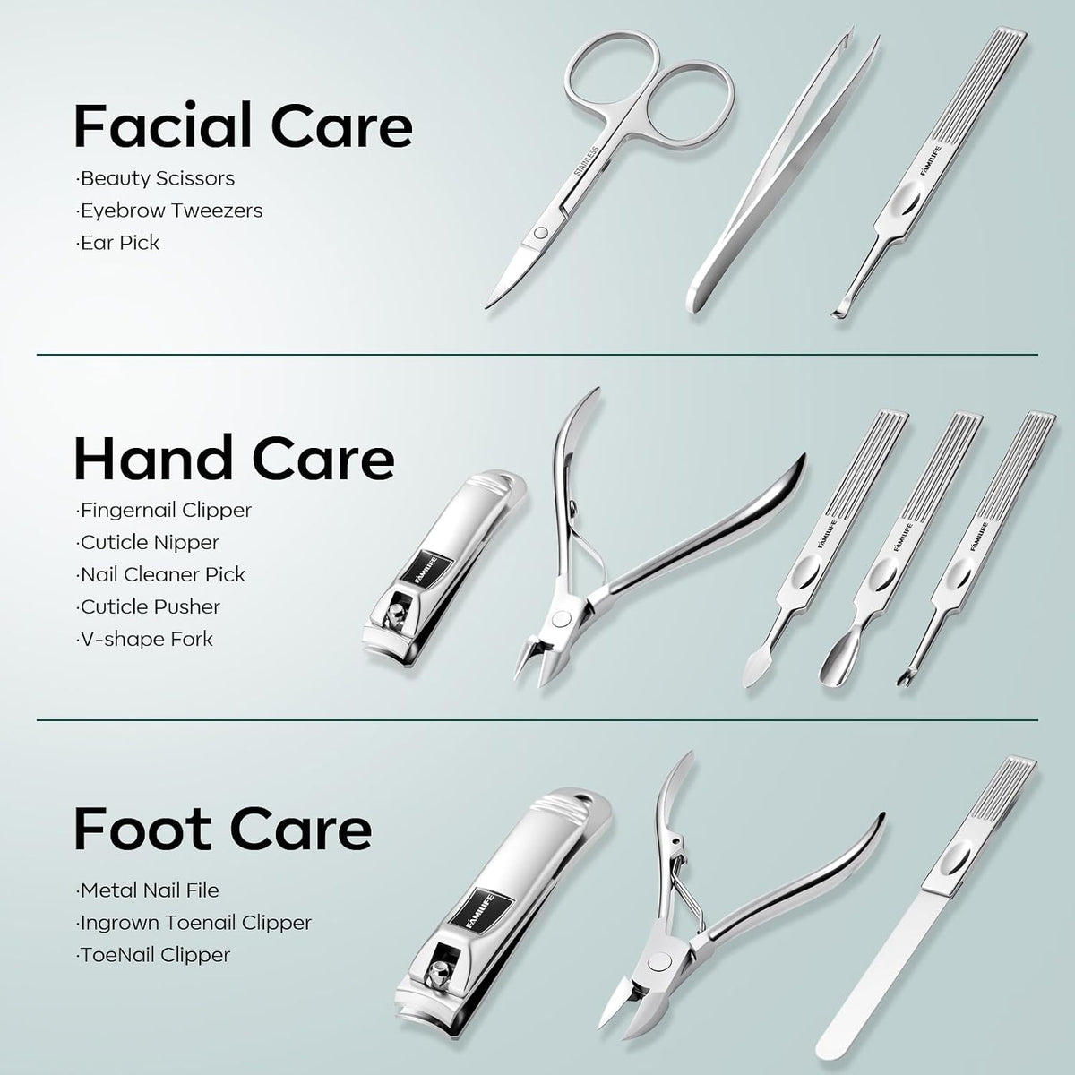 FAMILIFE Stainless Steel Manicure Set 11-in-1 Professional Nail Clipper Kit