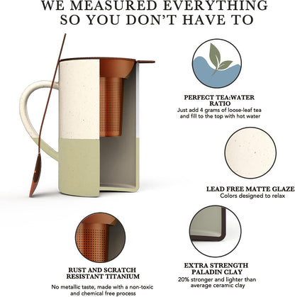 Mora Ceramics Tea Cup with Loose Leaf Infuser, Spoon and Lid, 12 oz, Microwave and Dishwasher Safe Coffee Mug - Rustic Matte Ceramic Glaze, Modern Herbal Tea Strainer - Great Gift for Women, Garnet
