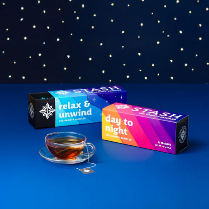 Stash Tea Day to Night Tea Sampler - Assorted Specialty Tea Gift Set, High to No Caffeine, 7 Flavors, 35 Tea Bags