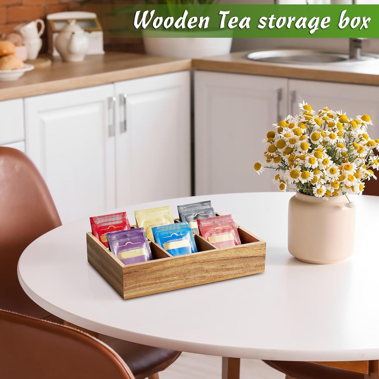 DRASTAR Tea Bag Organizer, Acacia Tea Bag Holder, Tea Storage Containers with 3 Slots, Wooden Tea Storage Accessories, Mini Tea Bag Caddy Box for Countertop