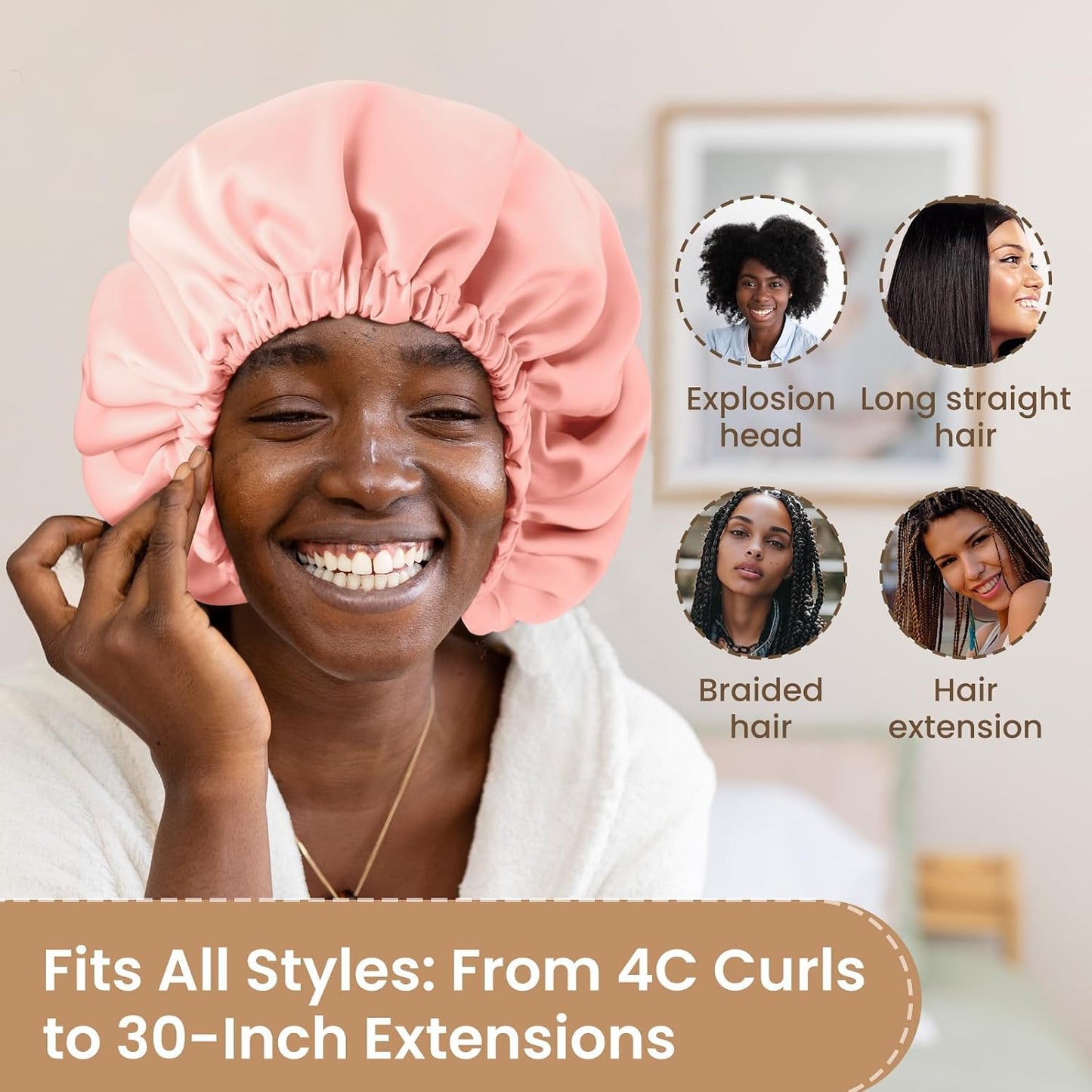 Adjustable Double Layer Silk-Satin Hair Bonnet for Sleeping Women – Anti-Frizz Curly Hair Sleep Cap, Hair Protector for Night, Moisture Retention Soft Bonnet for Natural Hair (black,Large)