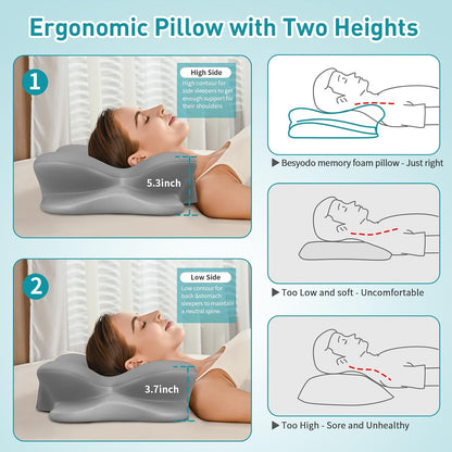 Cervical Pillow for Neck Pain Relief, Ergonomic Neck Pillow for Sleeping, Contour Pillow for Neck Support, Memory Foam Pillows for Reading & Bed Rest Pillows for Side Back Stomach Sleepers(White&Grey)