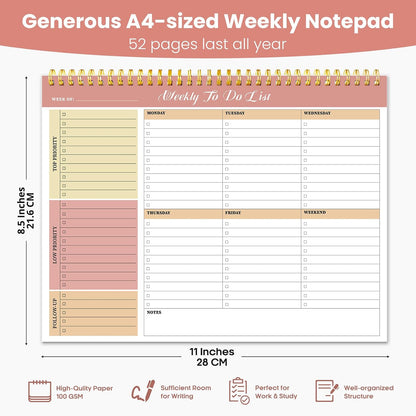 Weekly To Do List Notepad with 52 Undated Sheets（8.5"×11"）- Undated Weekly Planner Notepad for Office Desk Accessories and Supplies - Sunshine Petal