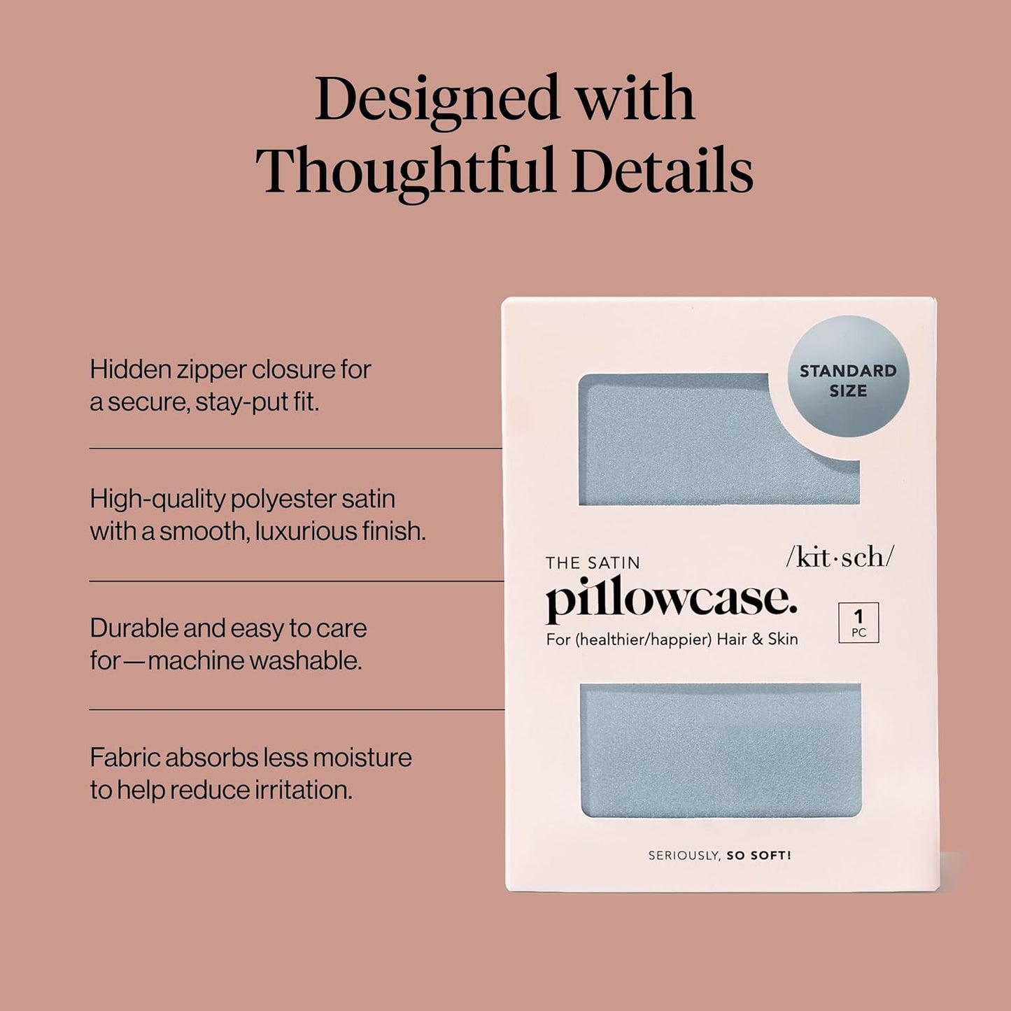 Kitsch Satin Pillowcase with Zipper for Hair & Skin - Softer Than Silk Pillow Cases, Smooth Cooling Satin Pillow Case, Wrinkle-Free, Machine Washable - Pillow Cases Standard Size (19x26) - Blush