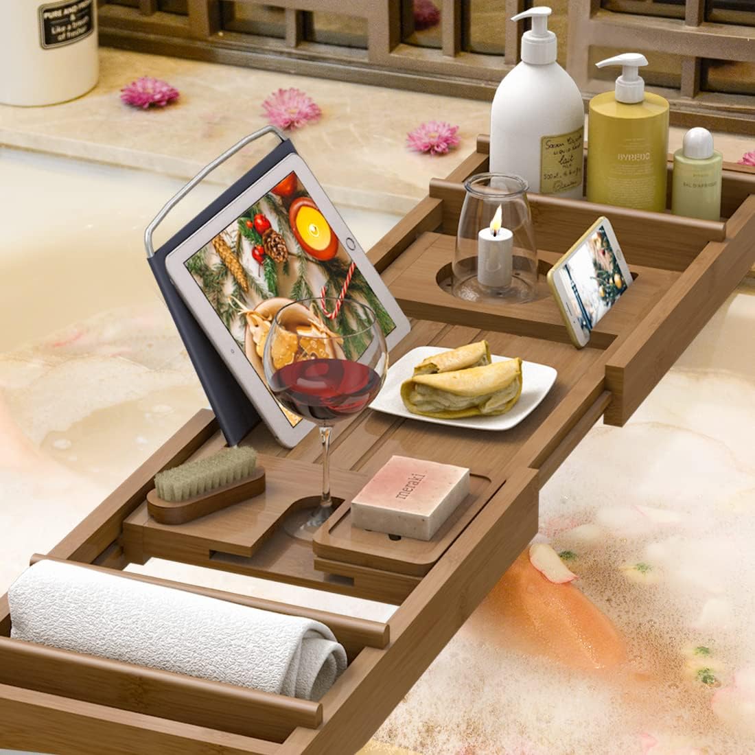 Bath Caddy Tray for Bathtub - Bamboo Adjustable Organizer Tray for Bathroom with Free Soap Dish Suitable for Luxury Spa or Reading