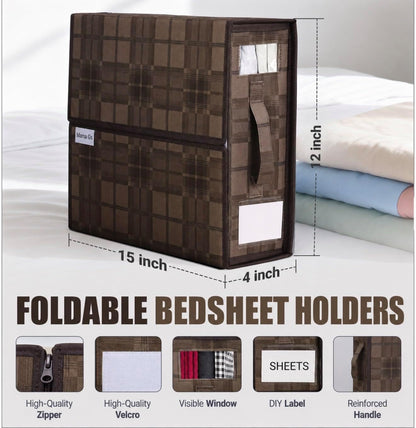 4 Pack Bed Sheet Organizer and Storage with Zipper – Linen Closet Organizers for Full, King, Queen & Twin Sheet Sets, Bedding Storage for Blankets and Duvet Covers, Black