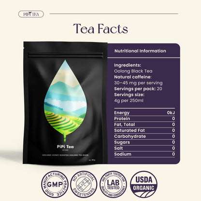 PiPi Tea Organic Oolong Tea Bags – Whole Leaf, 20 Bags (4g Each) – Cortisol & Calming Tea for Anxiety, Stress, Weight Loss – Bulk Loose Leaf Oolong Tea