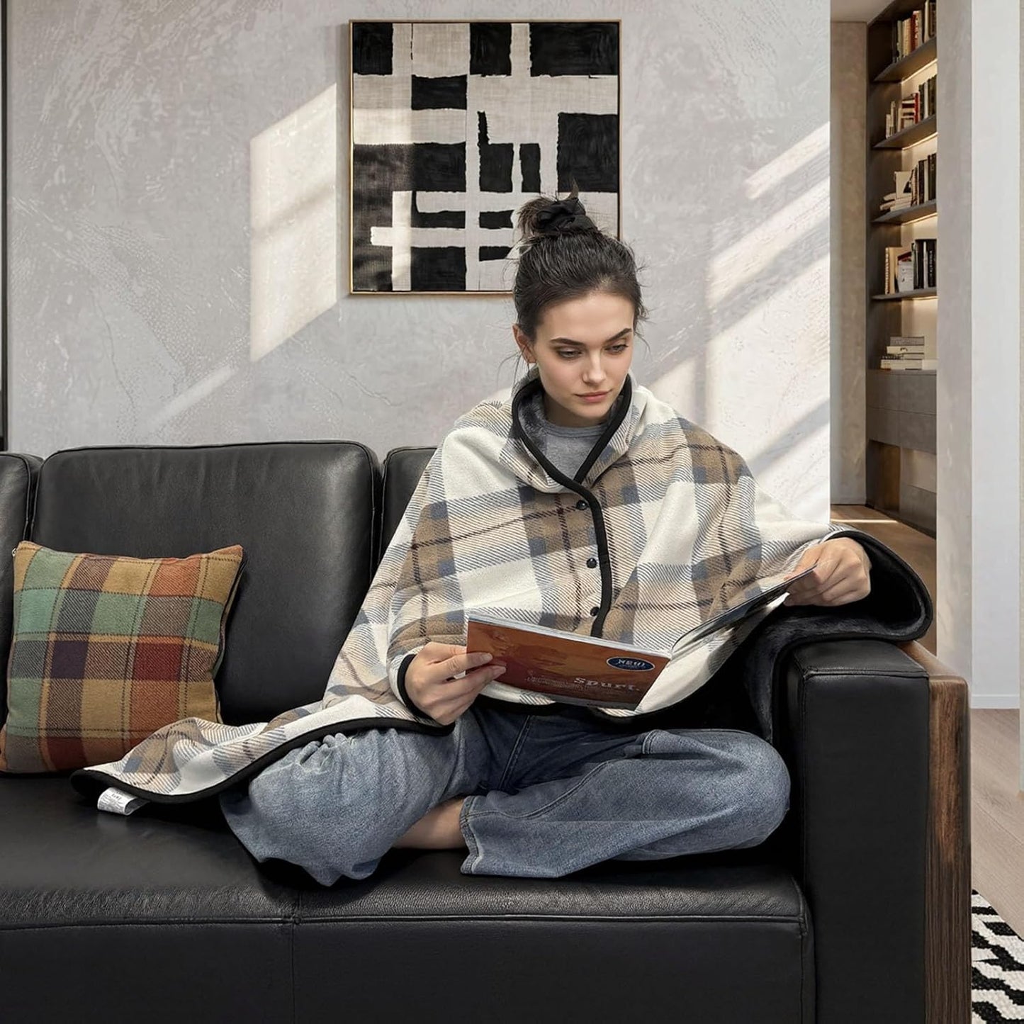 forestfish Fleece Wearable Blanket, Plaid Lap Blanket Comfy Poncho Throw with Buttons for Bed Sofa Office, Grey-White
