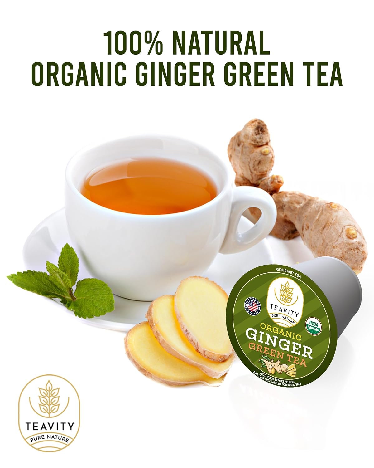 Green Tea & Ginger Tea Pods for Keurig - Caffeinated, Organic, Dye Free, Unsweetened, Herbal Blend for K Cup Machines - Hot or Iced (12 Tea Pods)
