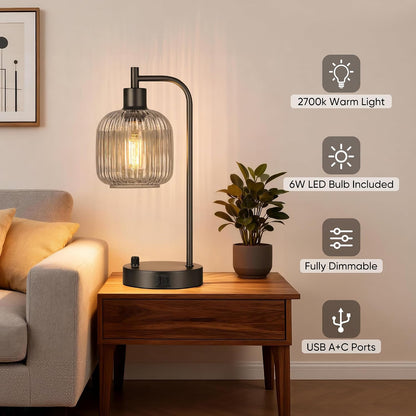 QiMH Industrial Table Lamp for Bedroom Set of 2, Green Glass Beside Lamp with USB A&C Ports, Stepless Dimmable Gold Lamps, Nightstand Lamps for Living Room, Office, Home Decor(Bulb Included)
