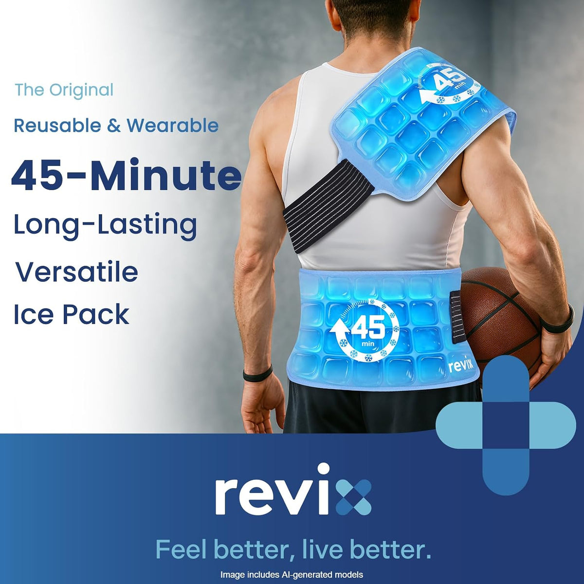 REVIX Ice Pack for Injuries Reusable, 14 × 7" Gel Cold Compress with Strap