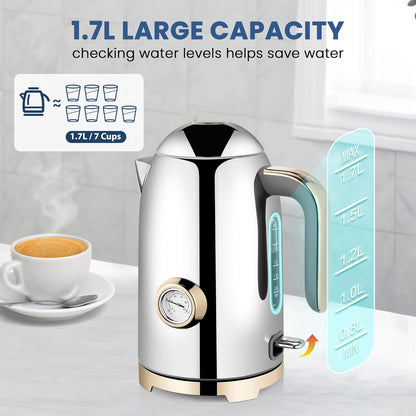 SUSTEAS Electric Kettle - 57oz Hot Tea Water Boiler with Thermometer, 1500W Fast Heating Stainless Steel Pot, Cordless LED Indicator, Auto Shut-Off & Boil Dry Protection, Retro Green