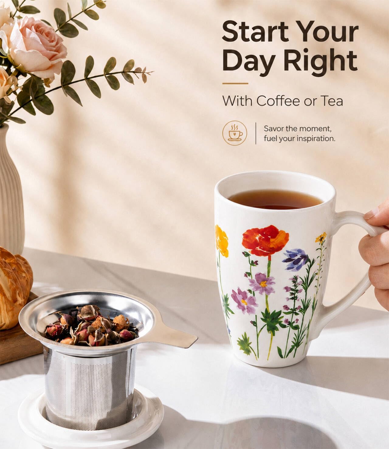 AmorArc 18oz Porcelain Tea Mug with Infuser & Lid, Loose Leaf Tea Cup with Stainless Steel Strainer, Large Coffee Mug Gift for Women, Tea Lovers, Home & Office