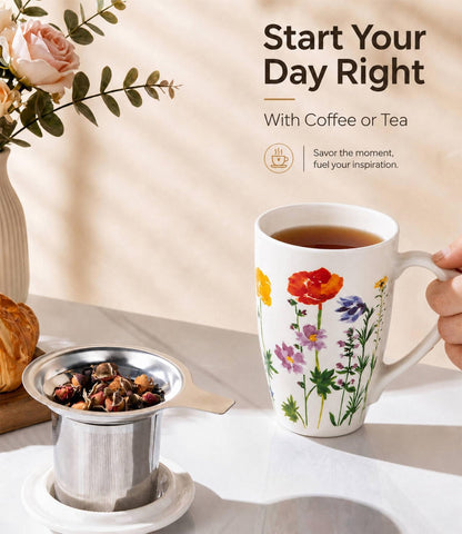 AmorArc 18oz Porcelain Tea Mug with Infuser & Lid, Loose Leaf Tea Cup with Stainless Steel Strainer, Large Coffee Mug Gift for Women, Tea Lovers, Home & Office