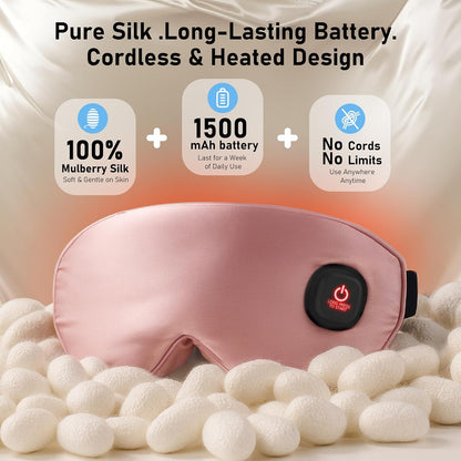 LitBear Heated Eye Mask, Silk Cordless Warm Eye Compress for Dry Eyes, Light Blocking Heat Eye Mask for Women Men, Soft Eye Heating Pad for Dry Eyes, Travel, Rechargeable, Washable Cover (Pink)