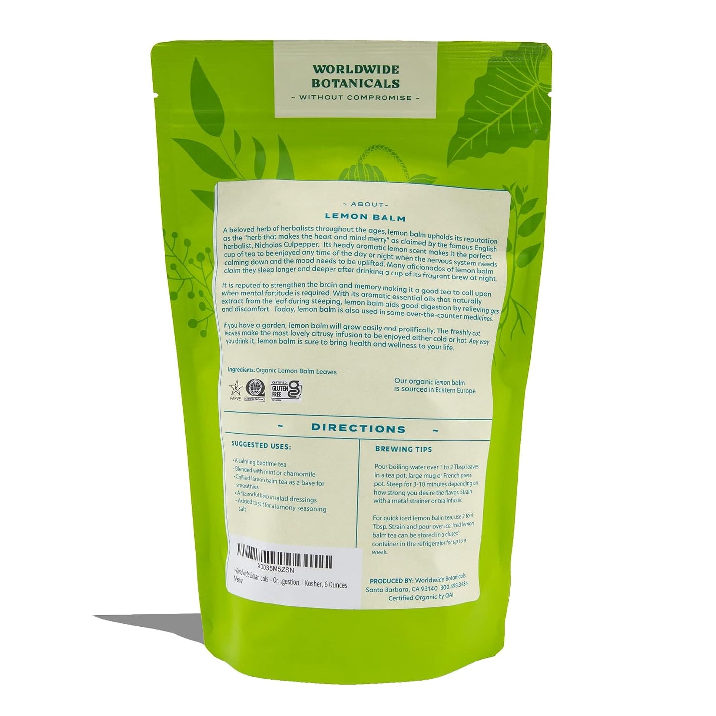 Worldwide Botanicals Organic Lemon Balm Tea, 1Lb - Loose Leaf Premium Herbal Tea | 100% Pure Lemon Balm Leaves | For Stress Relief and Good Digestion | Kosher