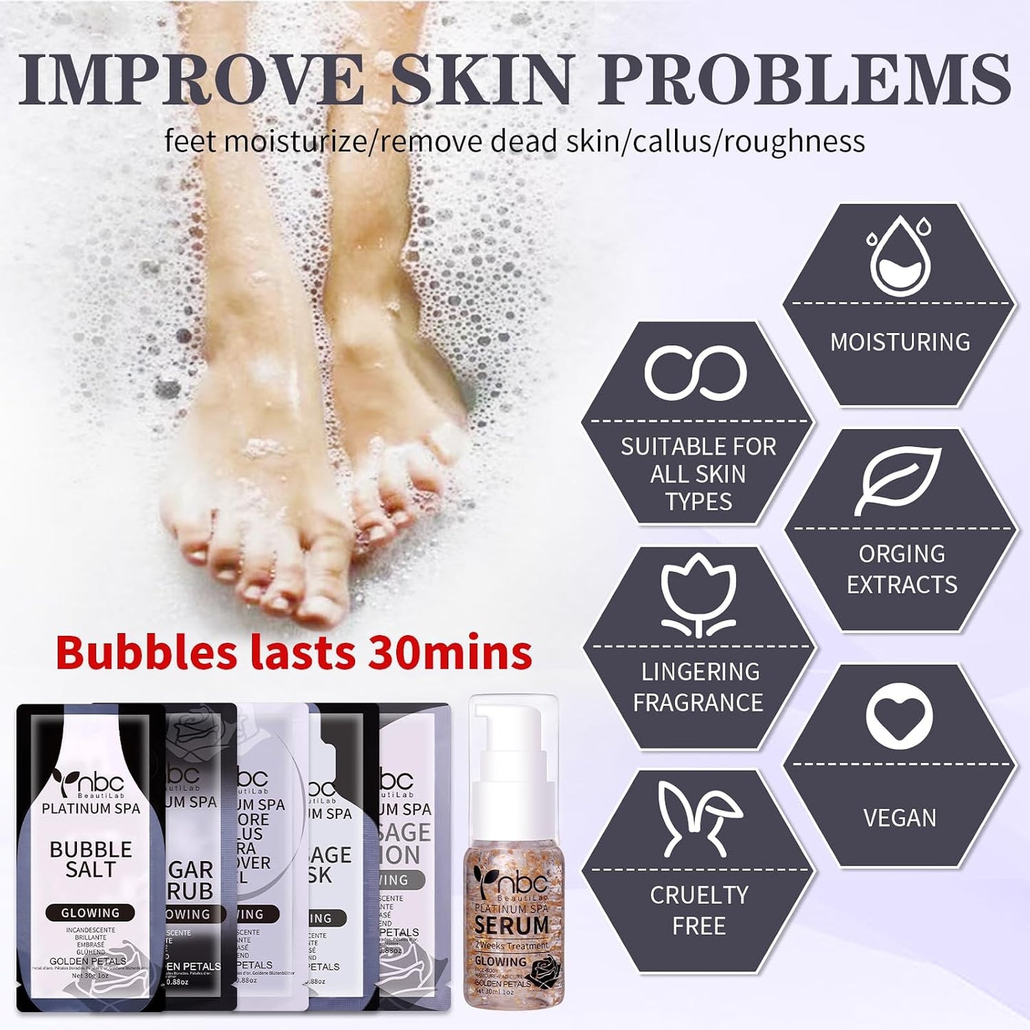 Pedicure Kit Foot Soak Set: Bubble Salt, Sugar Scrub, Massage Mask, Massage Lotion in a Box, 4 Step Foot Spa Kit for Dry Feet, Softens Calluses, Tired Feet（3 Set Lavender) - Colors B