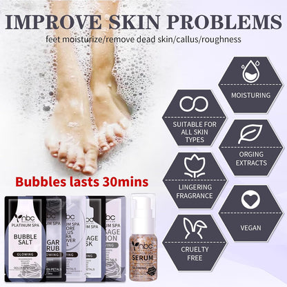 Pedicure Kit Foot Soak Set: Bubble Salt, Sugar Scrub, Massage Mask, Massage Lotion in a Box, 4 Step Foot Spa Kit for Dry Feet, Softens Calluses, Tired Feet（3 Set Lavender) - Colors B
