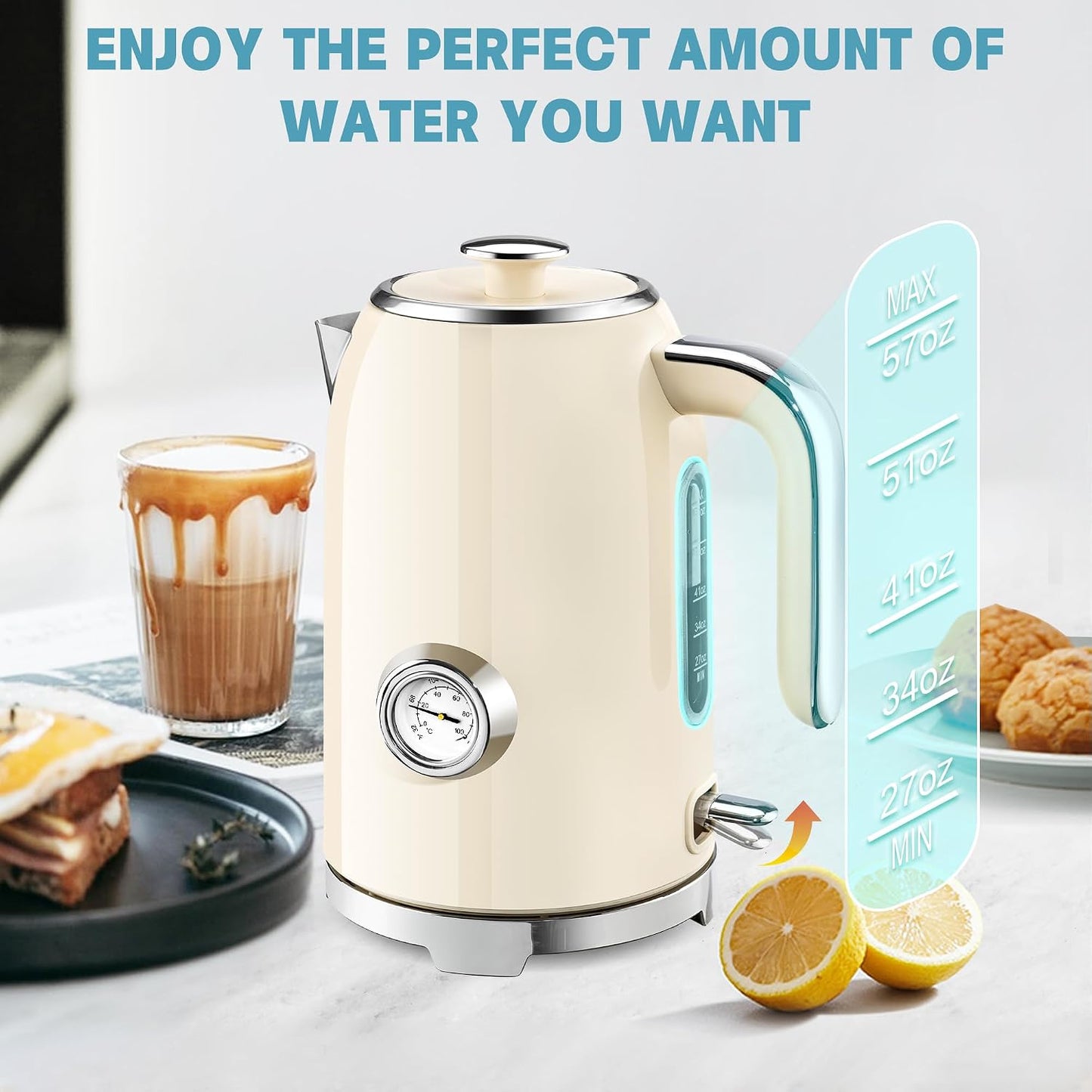 SUSTEAS 57oz Electric Kettle with Thermometer, Hot Water Pot, Retro Green