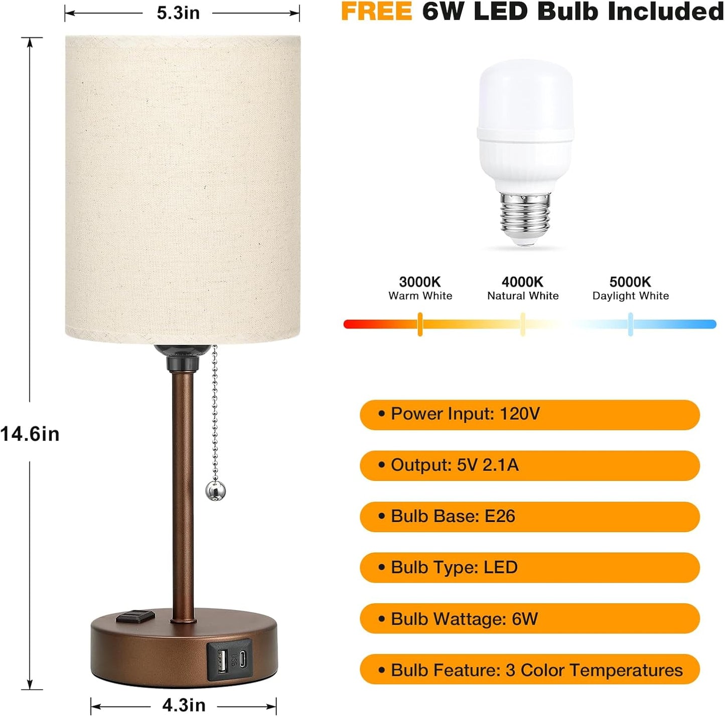 Small Bedside Table lamp for Bedroom - 3 Color Temperatures Bedside Lamps with USB C and A Ports, Pull Chain Table Lamps with AC Outlet, White Nightstand Lamps with Black Metal Base for Kids Reading