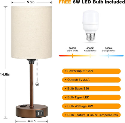 Small Bedside Table lamp for Bedroom - 3 Color Temperatures Bedside Lamps with USB C and A Ports, Pull Chain Table Lamps with AC Outlet, White Nightstand Lamps with Black Metal Base for Kids Reading