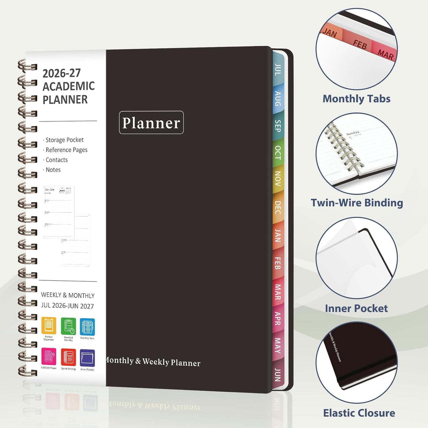 Planner 2026-2027, Weekly and Monthly Calendar Planner, JUL 2026 - JUN 2027 | Academic Year, Daily Agenda Book, A5(6.3'' x 8.5''), Sprial Bound, Inner Pocket, Office School Use