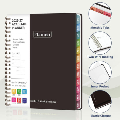 Planner 2026-2027, Weekly and Monthly Calendar Planner, JUL 2026 - JUN 2027 | Academic Year, Daily Agenda Book, A5(6.3'' x 8.5''), Sprial Bound, Inner Pocket, Office School Use