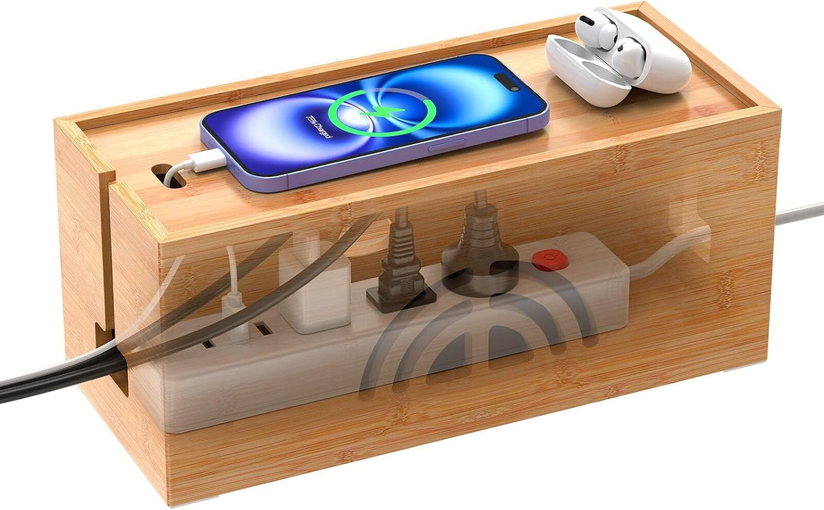Pezin & Hulin Bamboo Cable Management Box, Power Strip Organizer, Medium