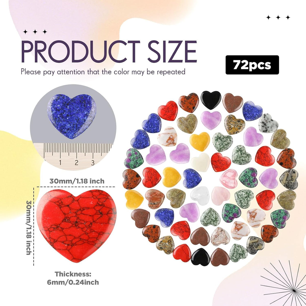 Nuenen 72 Pcs Heart Worry Healing Stone 0.8 in Polished Crystal Chakra Gems
