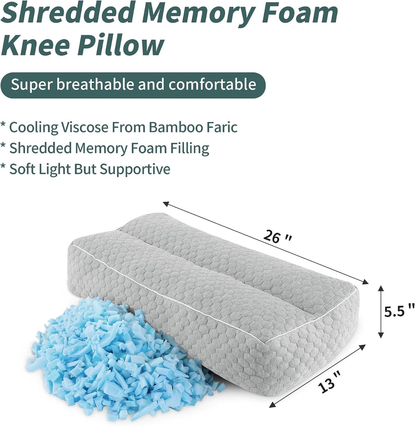 HOMBYS Shredded Memory Foam Knee Pillow for Side Sleepers, 6.5" Height Pillow Between Legs for Aligns Spine & Relieves Pressure Hip & Leg Elevation, Supportive Pillow for Pregnancy, Sciatica, White
