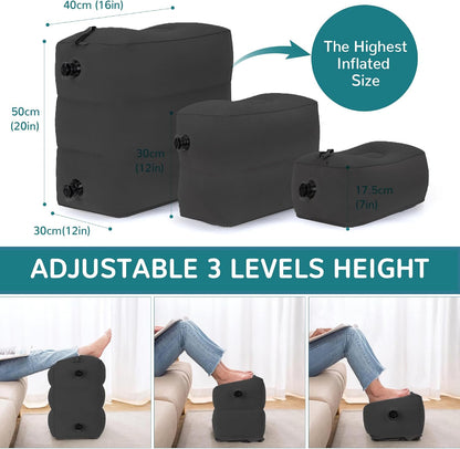 Inflatable Travel Foot Rest Pillow, Adjustable 3 Layers Height Leg Rest Pillow, Kids Airplane Bed, Adults Travel Essentials on Plane, Trains, Cars, Office, Home (Grey, 1 PC)