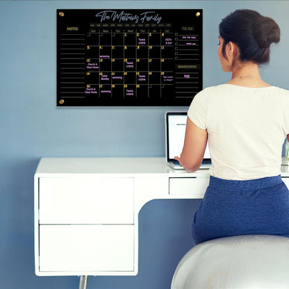 Black Acrylic Calendar Dry Erase for Wall, Family Planner, Monthly Calendar Dry Erase Whiteboard for Home, Office, 17" x 13"Reusable White Board(Acrylic-BK-3343)