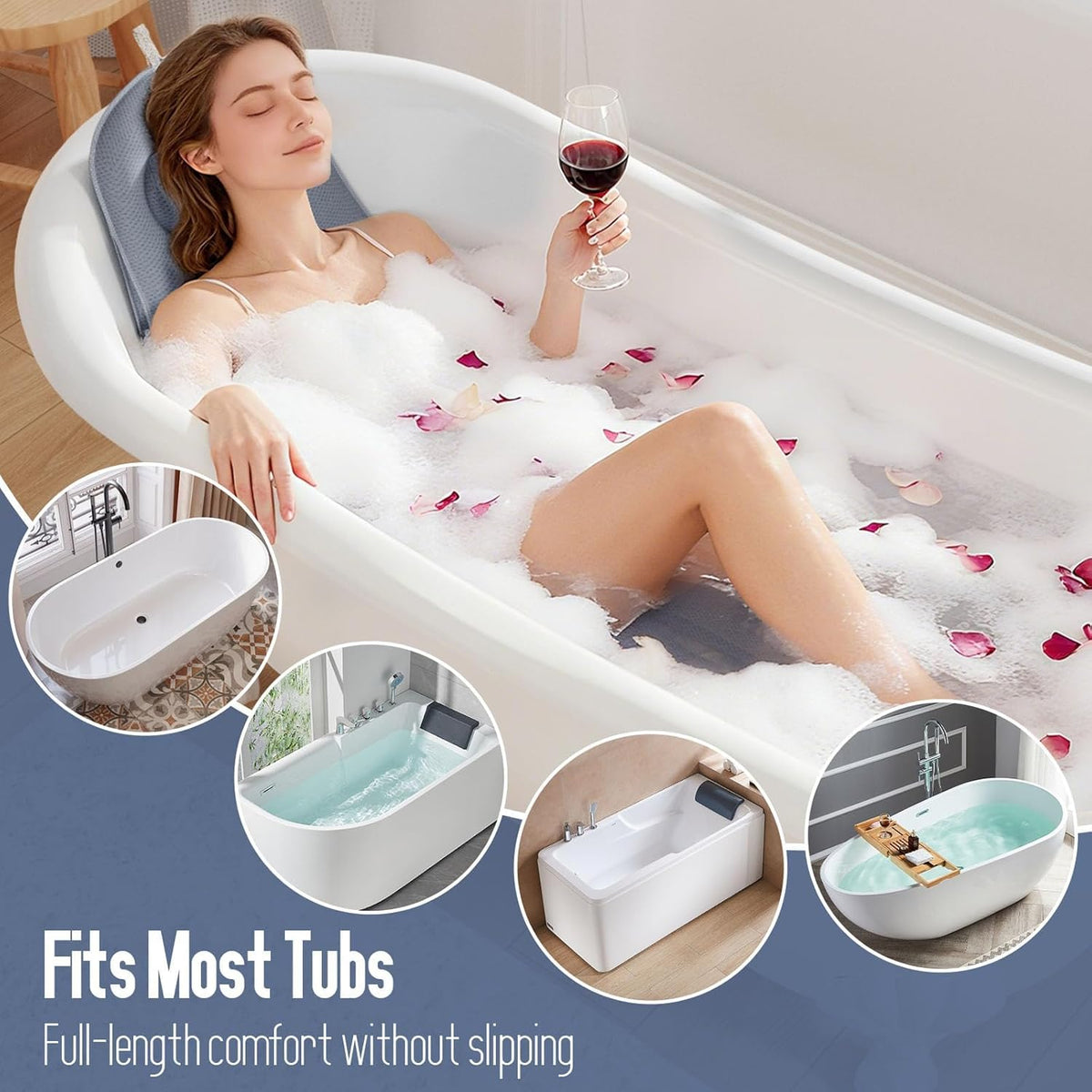 Luxury Full Body Bathtub Pillow 6D Air Mesh,Extra Long Bath Pillow for Tub Non Slip,Soft Relax Tub Pillow for Bath Head Neck Back Waist Support,Large Thick Spa Bathtub Cushion (Gray)