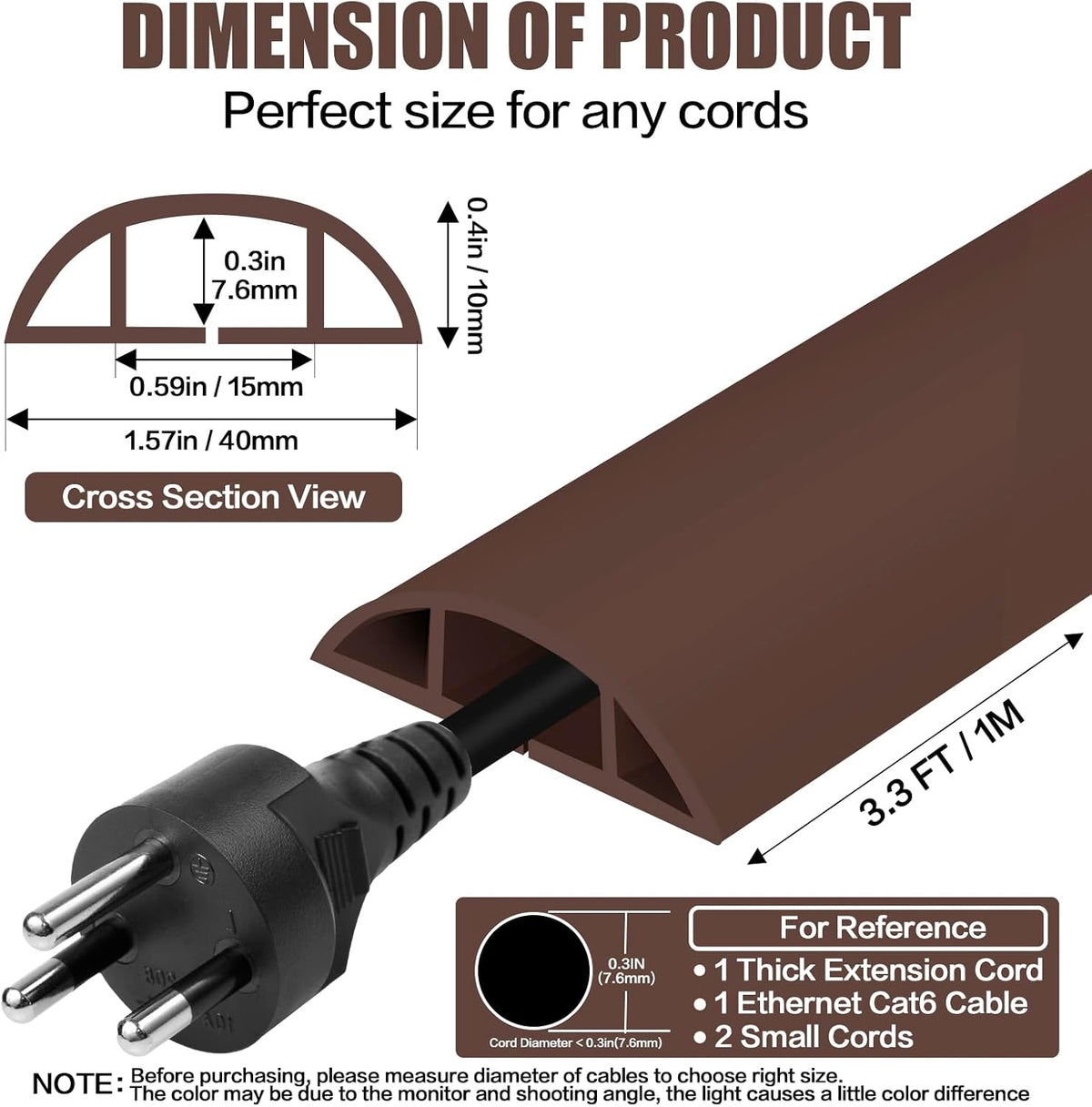 Floor Cord Cover Self Adhesive Cord Hider,10FT Cable Management, Extension Strip Protector for Wires, Prevent Cable Trips for Offices, Gyms, Exhibitions Cavity 0.39"(W) x 0.27"(H) BrownWood