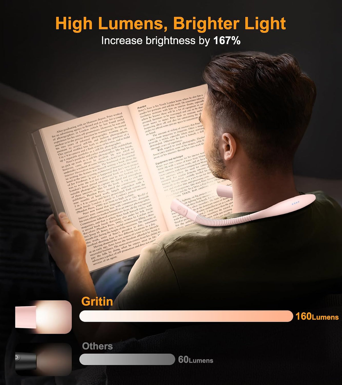 Gritin Book Light,Eye Caring 3 Colors & Stepless Dimming Neck Reading Light