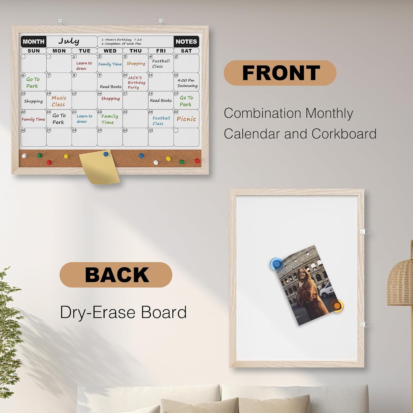 Monthly Calendar Dry Erase Board 16x12 Inch, Double-Sided Whiteboard and Corkboard Combo, Wall Mounted Planner Organizer with Markers, Magnets, Push Pins, Eraser, for Home Office School
