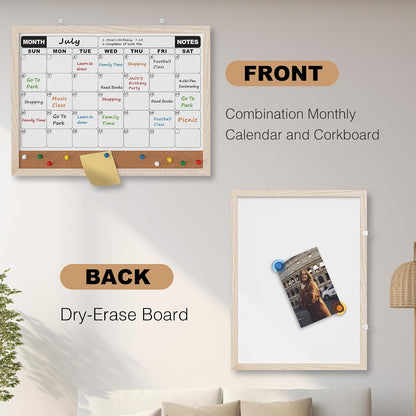 Monthly Calendar Dry Erase Board 16x12 Inch, Double-Sided Whiteboard and Corkboard Combo, Wall Mounted Planner Organizer with Markers, Magnets, Push Pins, Eraser, for Home Office School