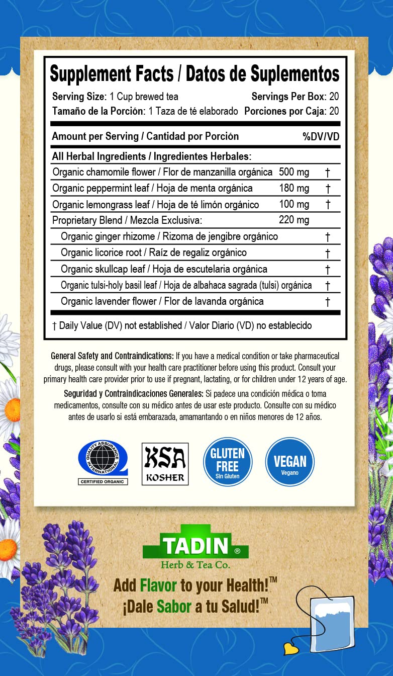 Tadin Organic Chamomile Lavender Tea, Caffeine Free Herbal Tea to Promote Serenity, 20 Tea Bags Per Box, Pack of 6